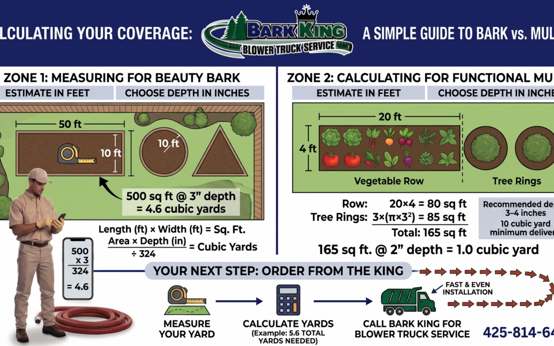 Bark King coverage guide: measure your yard in feet, calculate cubic yards, and order blower truck bark or mulch delivery.
