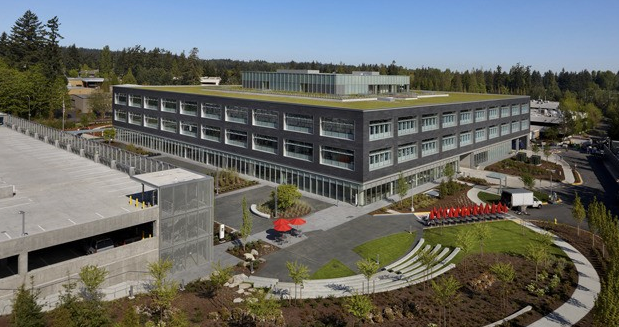 Landscaped grounds at a modern commercial office building with a green roof
